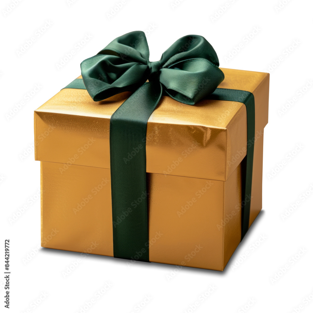 Obraz premium Fashionable and elegant golden gift box picture It's perfectly square and wrapped in an elegant green ribbon. The ribbon is tied into a flawless bow On a transparent background(PNG)