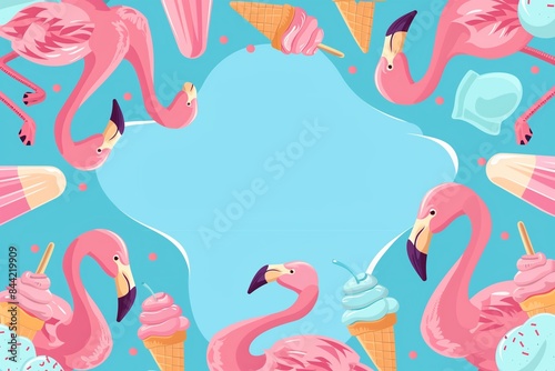 Bright Cartoon Flamingo Frame Border