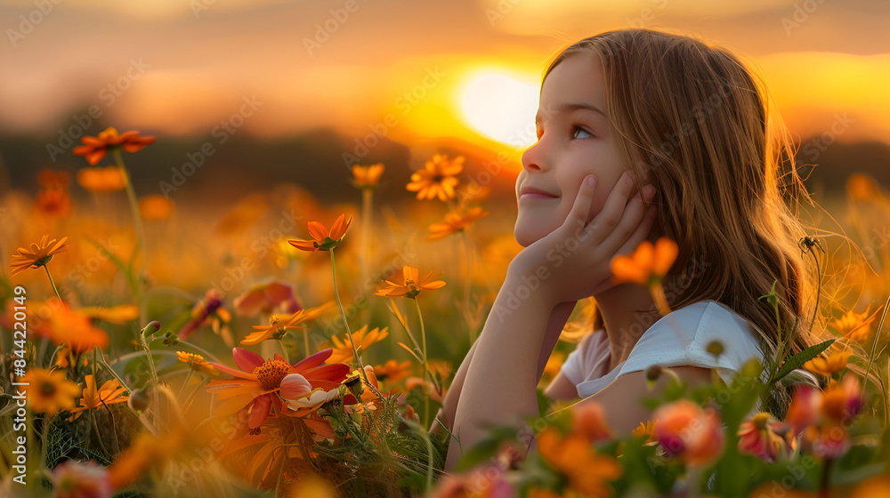 Crouched young girl on a field in flower during spring Crouched young girl on a field in flower during spring