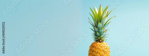 A pastel yellow pineapple with soft green leaves on a light sky blue background. Summer concept banner with copy space photo