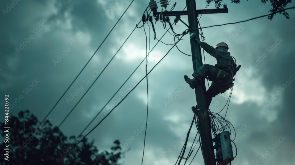 Electrician worker climbing electric power pole to repair cable line problems after the storm Electrician worker climbing electric power pole to repair cable line problems after the storm