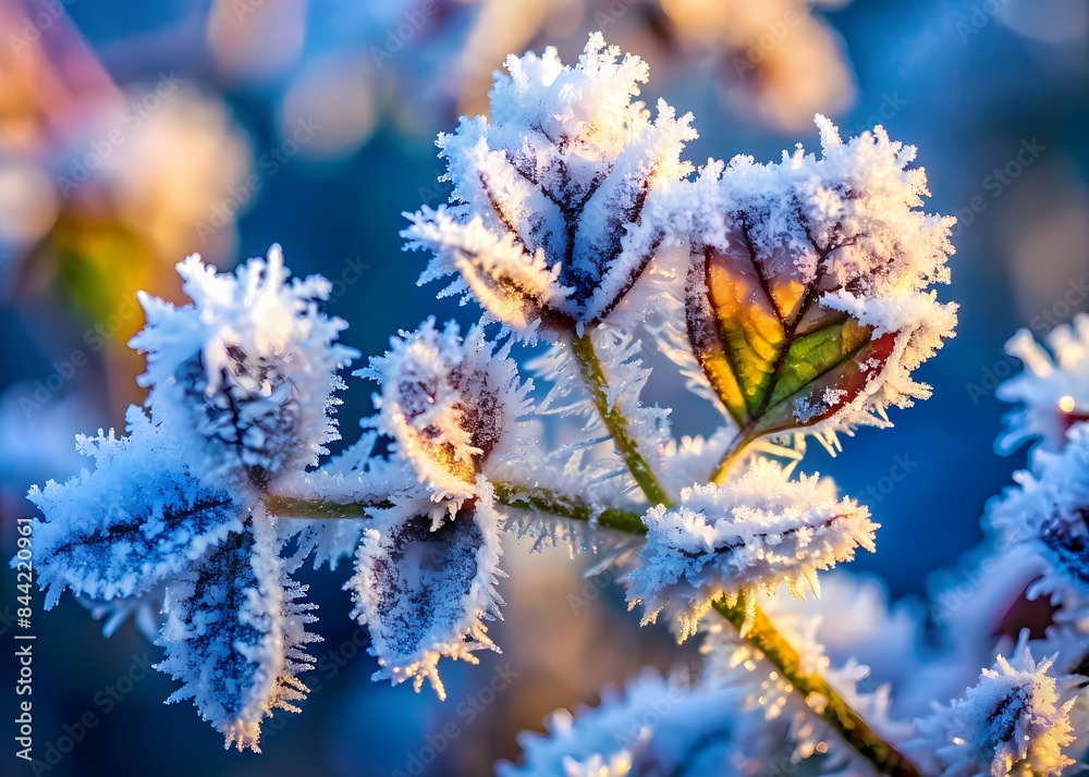 Close-Up Of Frost On Leaves With A Blue Background Close-Up Of Frost On Leaves With A Blue Background