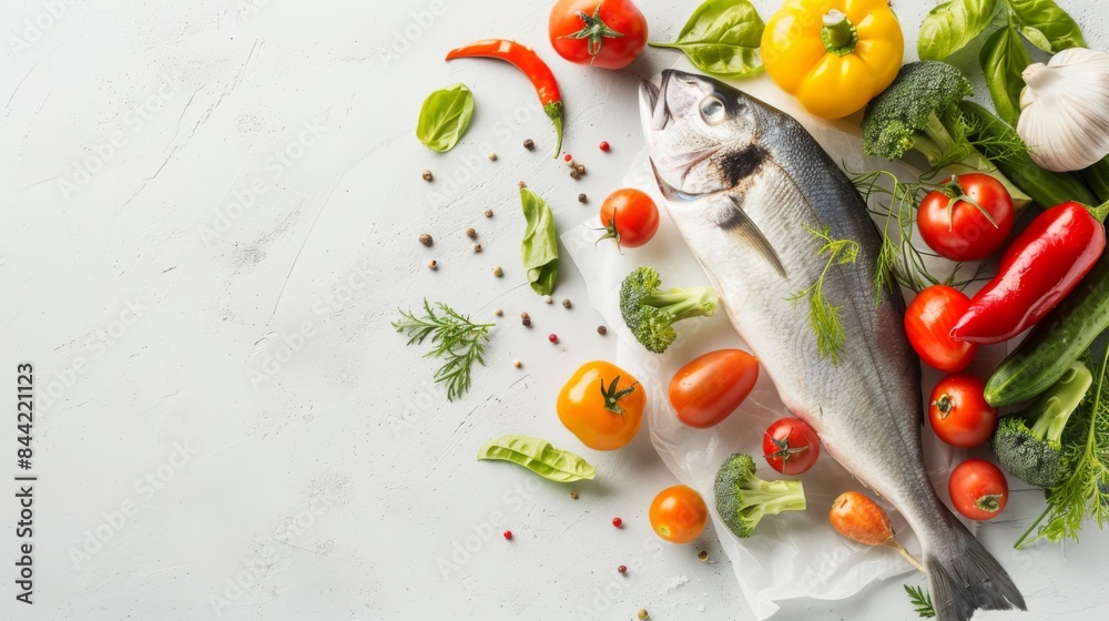 Freshly caught fish and organic vegetables arranged attractively on a white background Freshly caught fish and organic vegetables arranged attractively on a white background