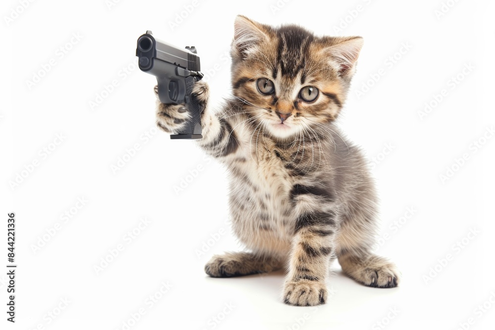 Obraz premium Kitten holding a toy gun on white background, humorous and playful.