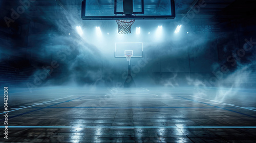 Dynamic view of a basketball court in a stadium with bright lights and theatrical smoke effects photo