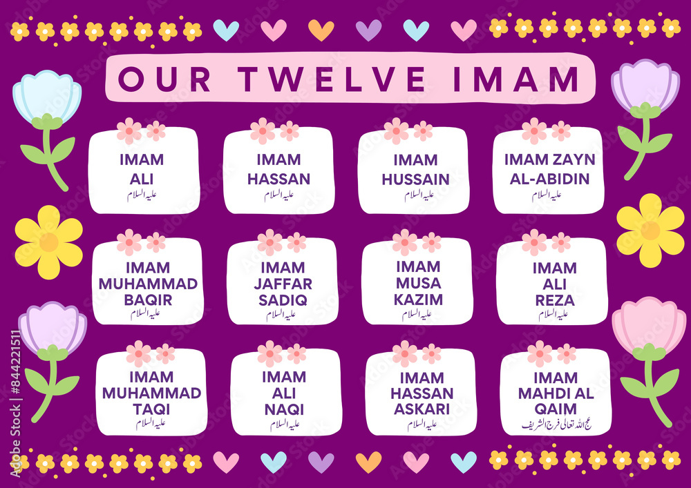 OUR TWELEVE IMAM names with mini colorful flowers and hearts on purple background, islamic shia arts OUR TWELEVE IMAM names with mini colorful flowers and hearts on purple background, islamic shia arts