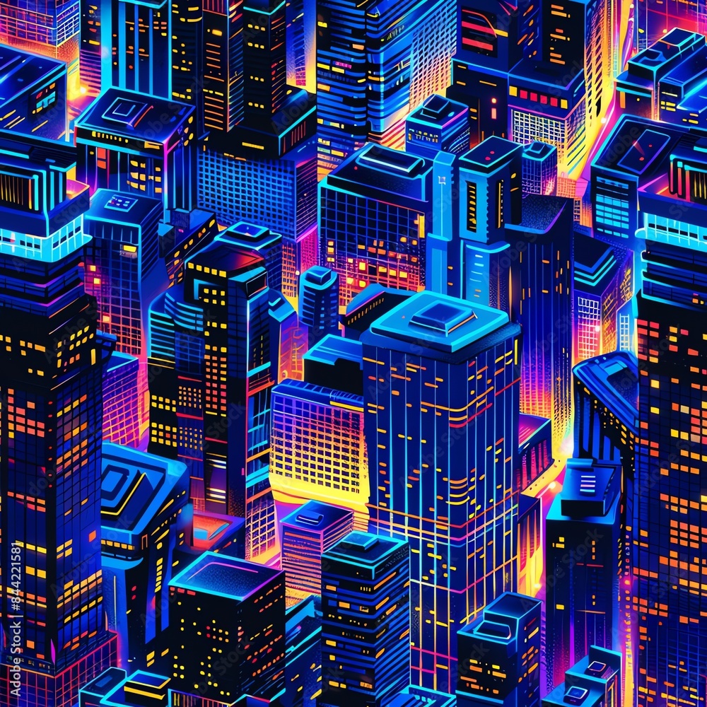 Obraz premium Cityscape at night with skyscrapers and streets bathed in a radiant glow from neon lights and illuminated windows, capturing the vibrant energy of urban life, suitable for travel guides and city livin