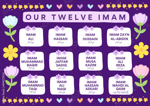 12 Imam Names with colorful design, Shia Arts about holy names of Twelve imams of Muslims photo