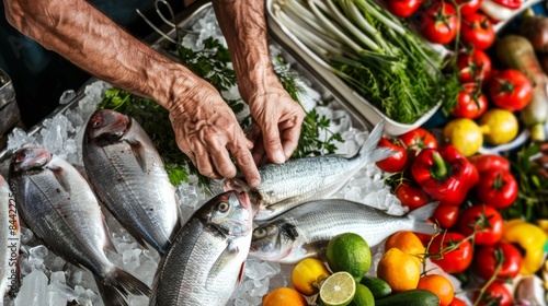 Hands selecting the freshest fish and vegetables from a market stall, with a white background