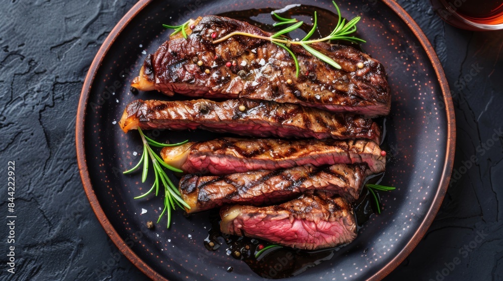 Juicy and tender steak slices cooked with a beautiful sear on the outside and a perfectly Juicy and tender steak slices cooked with a beautiful sear on the outside and a perfectly