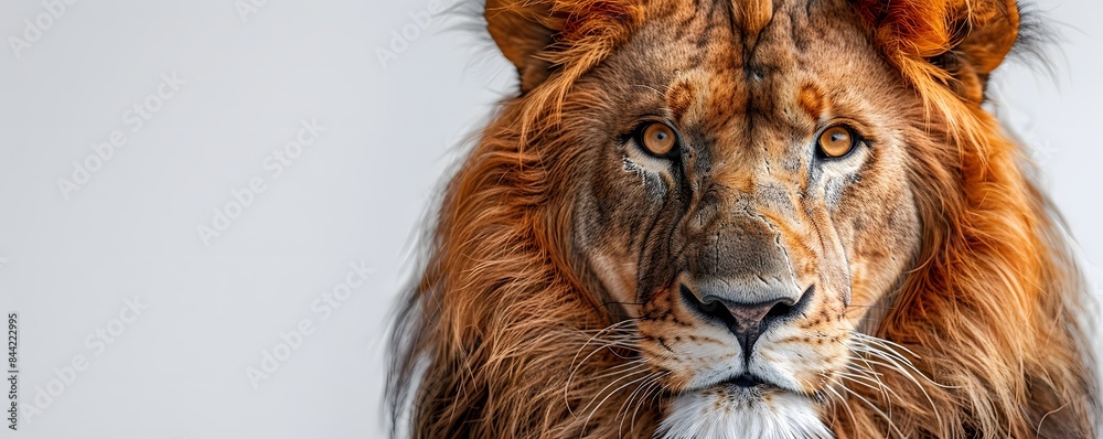 Front view of a photorealistic lion 3D model, isolated on a white background, highlighting the face and mane Front view of a photorealistic lion 3D model, isolated on a white background, highlighting the face and mane