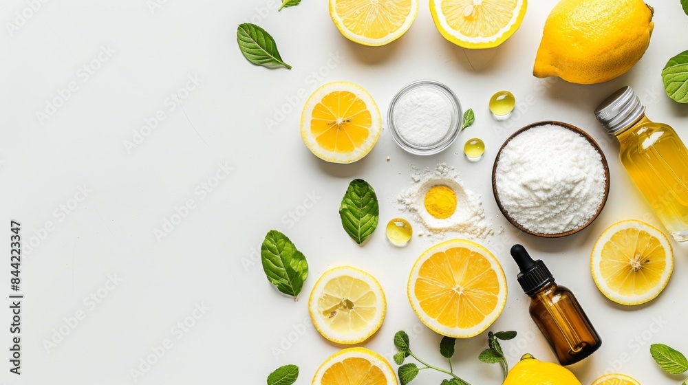 Lemon, baking soda, vinegar, essential oils product shot, professional and colorful top view Lemon, baking soda, vinegar, essential oils product shot, professional and colorful top view