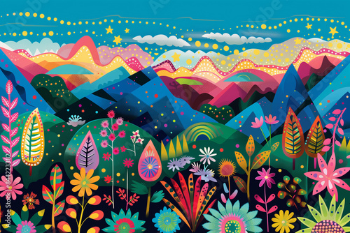 colorful landscape mountain sky forest flower aboriginal tribal painting australia nature illustration