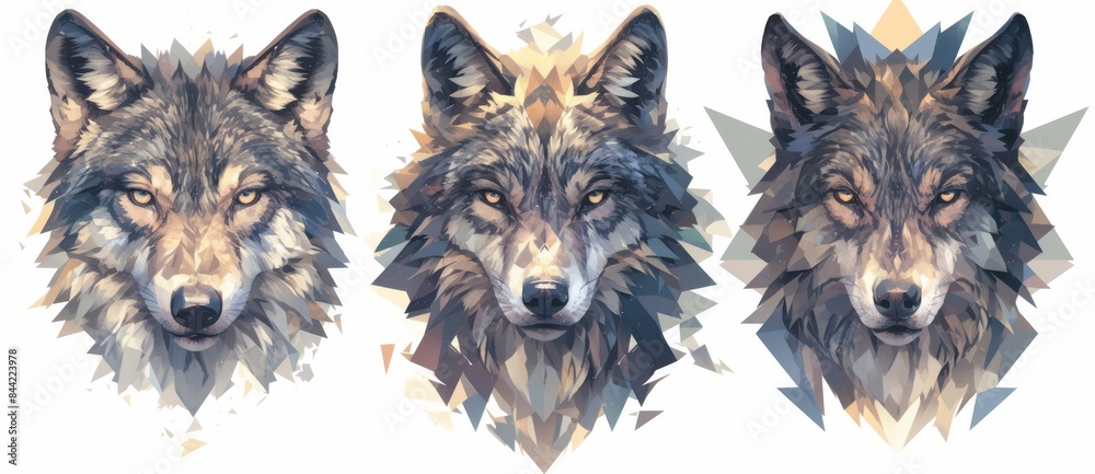 Low-poly animal heads adorns a pure white canvas, each creature meticulously crafted from a multitude of geometric shapes. Low-poly animal heads adorns a pure white canvas, each creature meticulously crafted from a multitude of geometric shapes.
