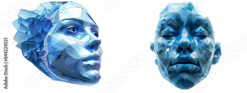 Blue Geometric Face 3D Isolated on Transparent or White Background, PNG