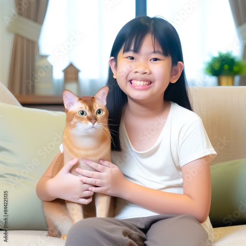 A picture of a girl and her favorite cat sitting and smiling