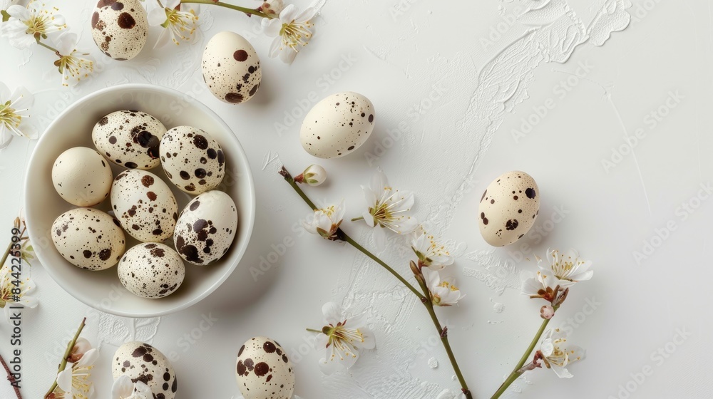 Obraz premium Organic farm quail eggs with spring blooms on the white ceramic surface Easter celebration concept from above Room for text