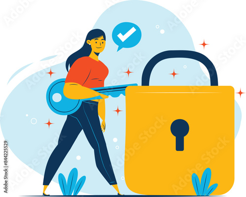 A woman is holding a new key to unlock a padlock