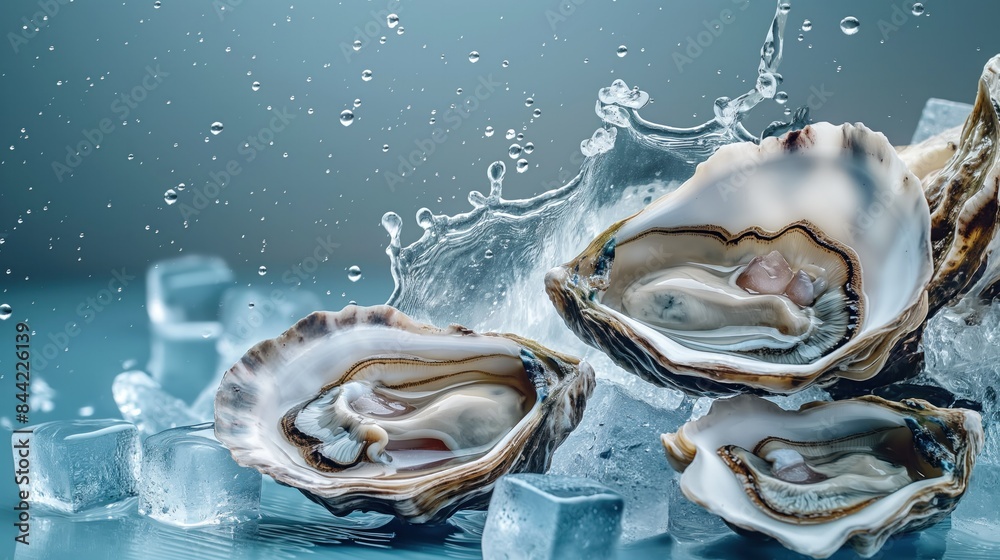 fresh oysters with splashing water and ice cubes fresh oysters with splashing water and ice cubes