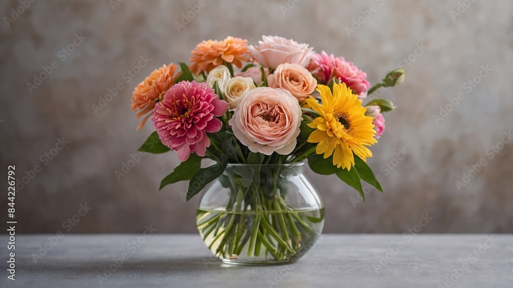 Obraz premium bouquet of vivid color flowers in a glass vase with simple background