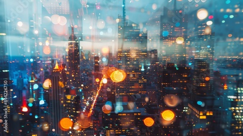Captivating double exposure of party lights overlaying a bustling cityscape