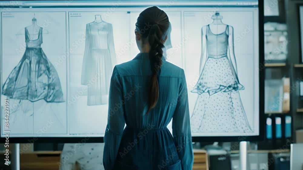 A designer standing in front of a large touchscreen monitor using a stylus to sketch and tweak details on a digital rendering of a dress.