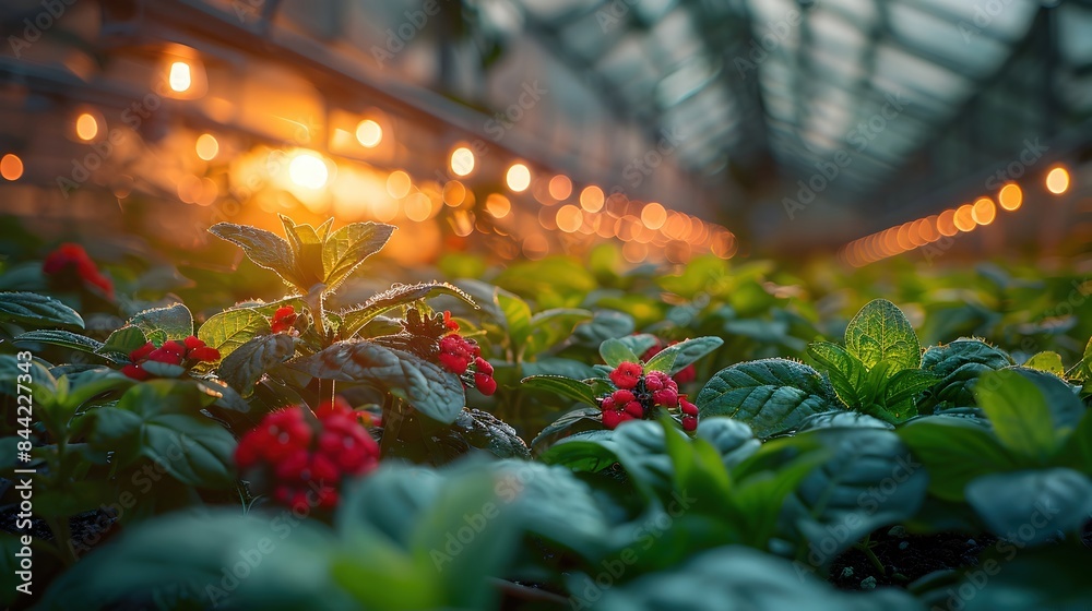 Fototapeta premium Solar-powered Smart Greenhouse with Lush Plants and Twilight Ambiance