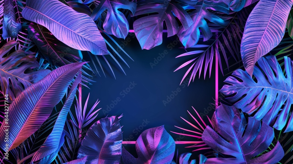 abstract background with neon blue and purple glowing tropical leaves and plants in a square frame abstract background with neon blue and purple glowing tropical leaves and plants in a square frame