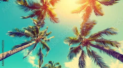 vintage tropical palm trees on blue sky background