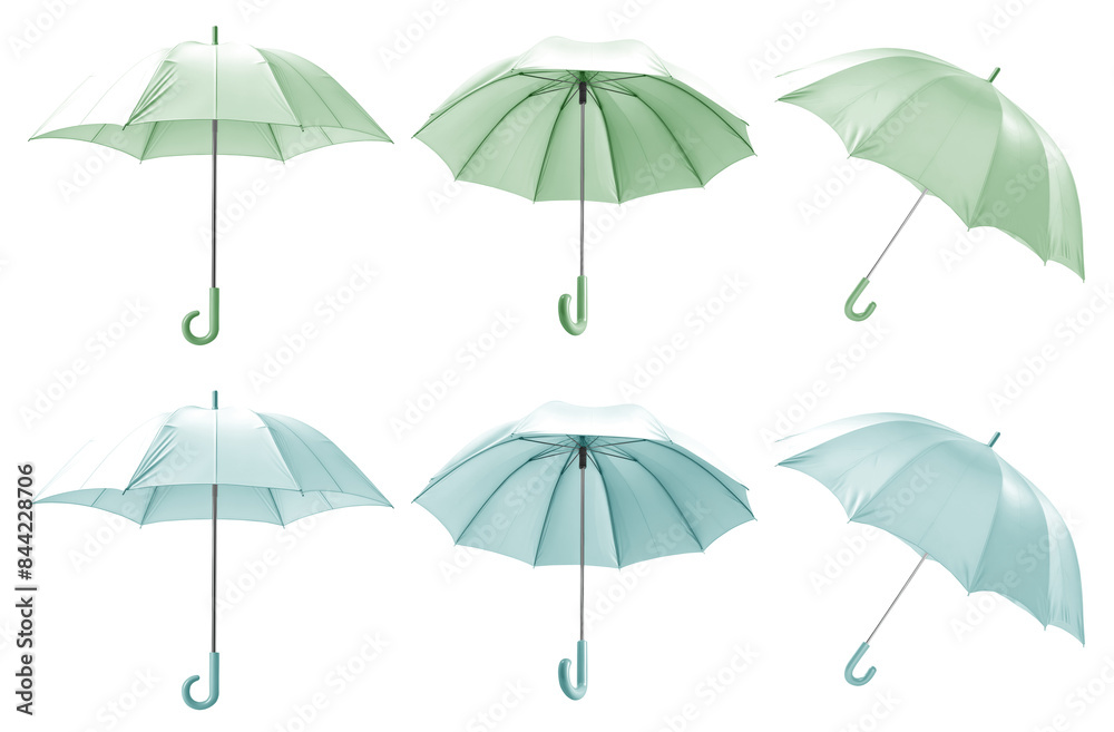 2 Set of pastel green turquoise canopy umbrella parasol brolly, on transparent cutout PNG file. Many assorted different angles. Mockup template for artwork design 2 Set of pastel green turquoise canopy umbrella parasol brolly, on transparent cutout PNG file. Many assorted different angles. Mockup template for artwork design