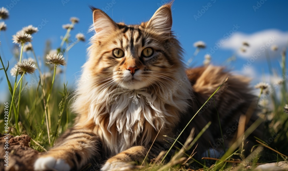 Obraz premium A close-up photo of a fluffy Maine Coon cat with a long, thick fur coat looking curiously at the camera. The cat is laying in green grass with a blurred background