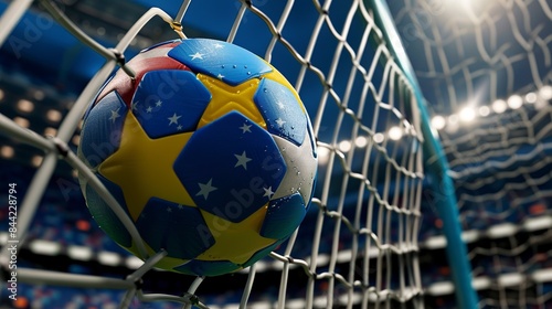 Exciting European Football Moment: Soccer Ball in Net with Flag Colors