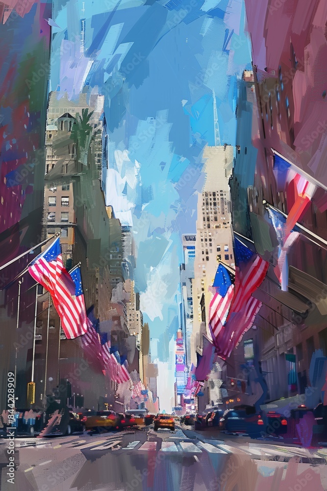 Obraz premium Digital painting of a parade with flags for Patriot Day.