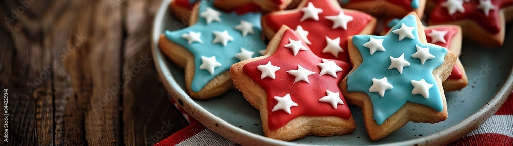 American flag star cookies, red and blue icing with white stars, festive plate, patriotic theme 8K , high-resolution, ultra HD,up32K HD