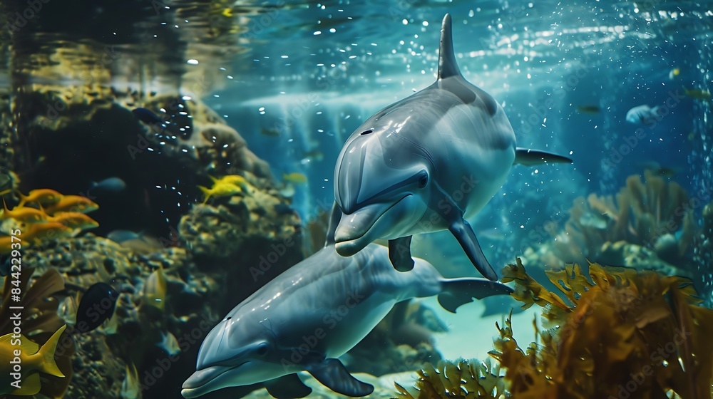 Fototapeta premium dolphins swimming in water with fish