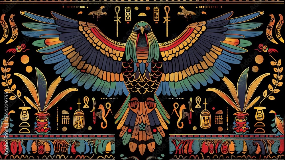 Obraz premium Elegant Egyptian art style falcon pattern in vibrant colors on a black background.