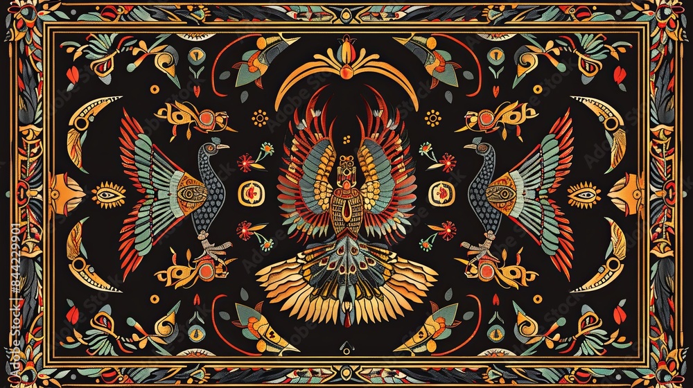 Obraz premium Elegant Egyptian art style ibis pattern in vibrant colors on a black background.