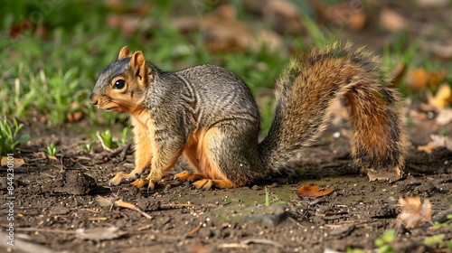 Fox squirrel or sciurus niger in a city park gathers bark for a nest