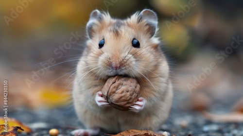 Funny greedy Syrian hamster taking a nut