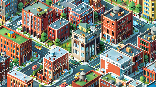 Vibrant Isometric Urban Cityscape with Diverse Architecture and Lively Streets © New Robot