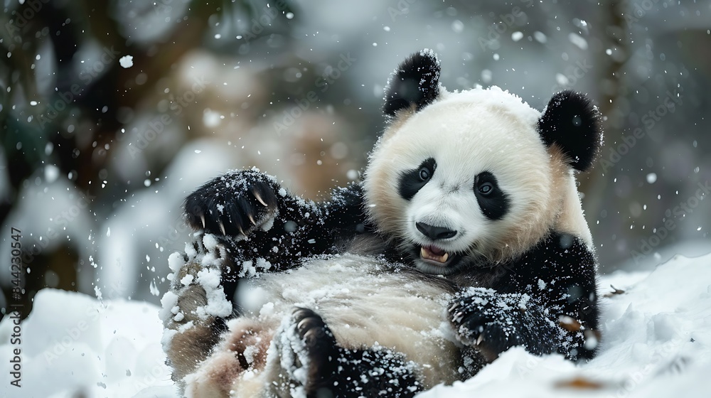 Giant panda ailuropoda melanoleuca playing in snow