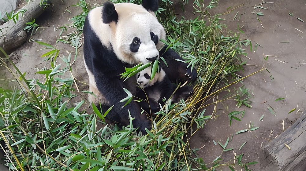 Fototapeta premium Giant pandas bear pandas baby panda and his mother eating bamboo top view