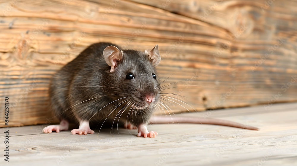 Grey rat near wooden wall on floor pest control Grey rat near wooden wall on floor pest control