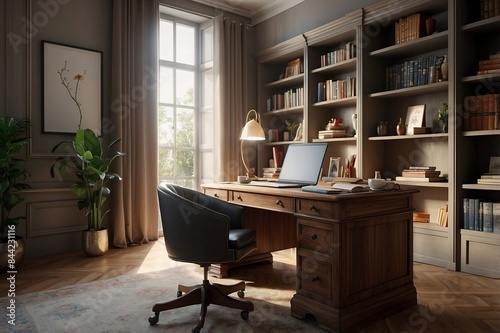 Interior design of elegant study room with a lot of books, table and chair furniture