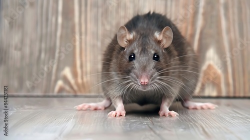 Grey rat near wooden wall on floor pest control