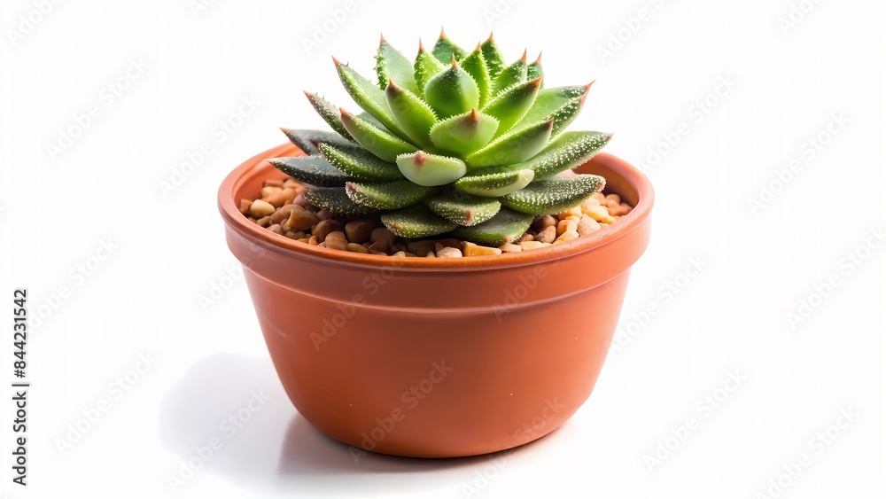 A Small Potted Succulent With Green Leaves And Red Edges Sits On A White Background. A Small Potted Succulent With Green Leaves And Red Edges Sits On A White Background.