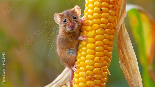 Harvest mouse micromys minutus sat on ear of corn and feeding photo