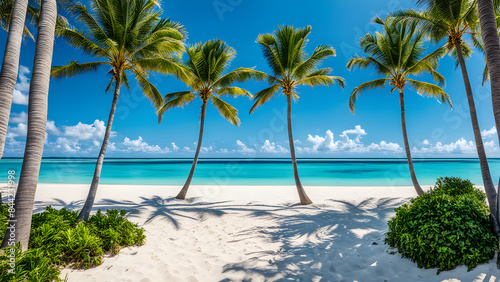 beach with palm trees and umbrellas on Le morne Brabant beach in Mauriutius. Tropical crystal ocean with Le Morne beach and luxury beach in Mauritius. Le Morne beach with palm trees  white sand  Gener