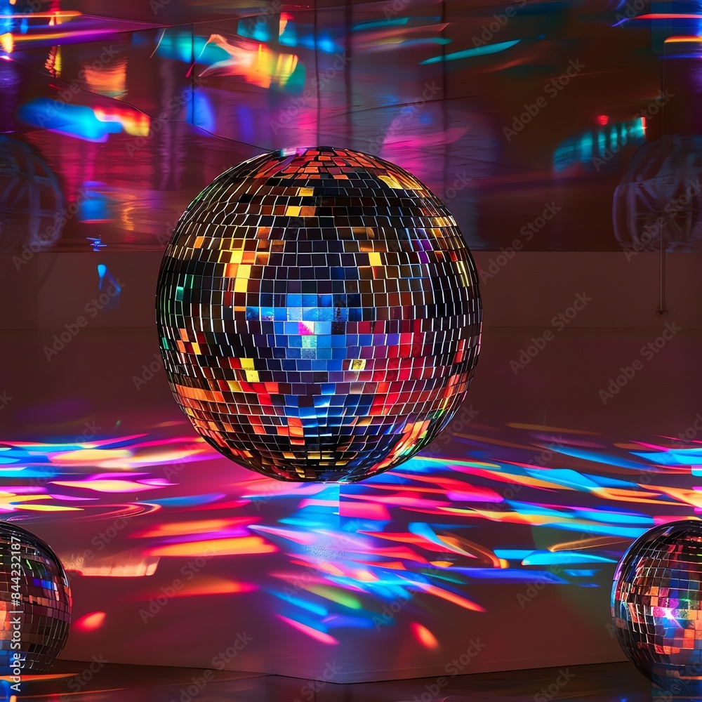 Fototapeta premium High-resolution image of a disco ball suspended in a dark room, its reflective surfaces casting vibrant patterns across the walls and floor