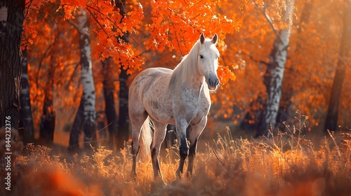 Horse in orange autumn trees